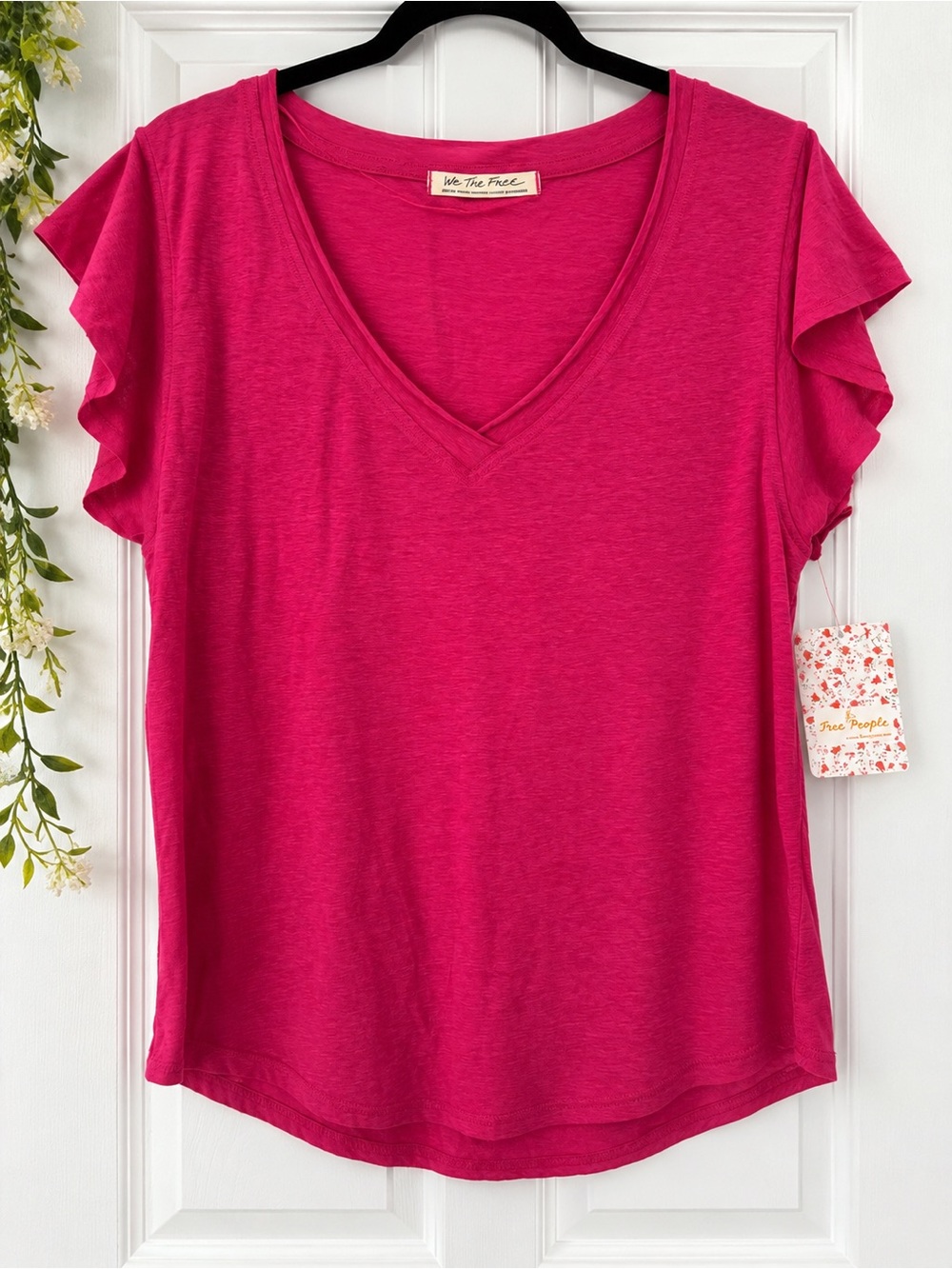 NWT Free People We The Free Fuchsia Flutter Sleeve V Neck Tee M